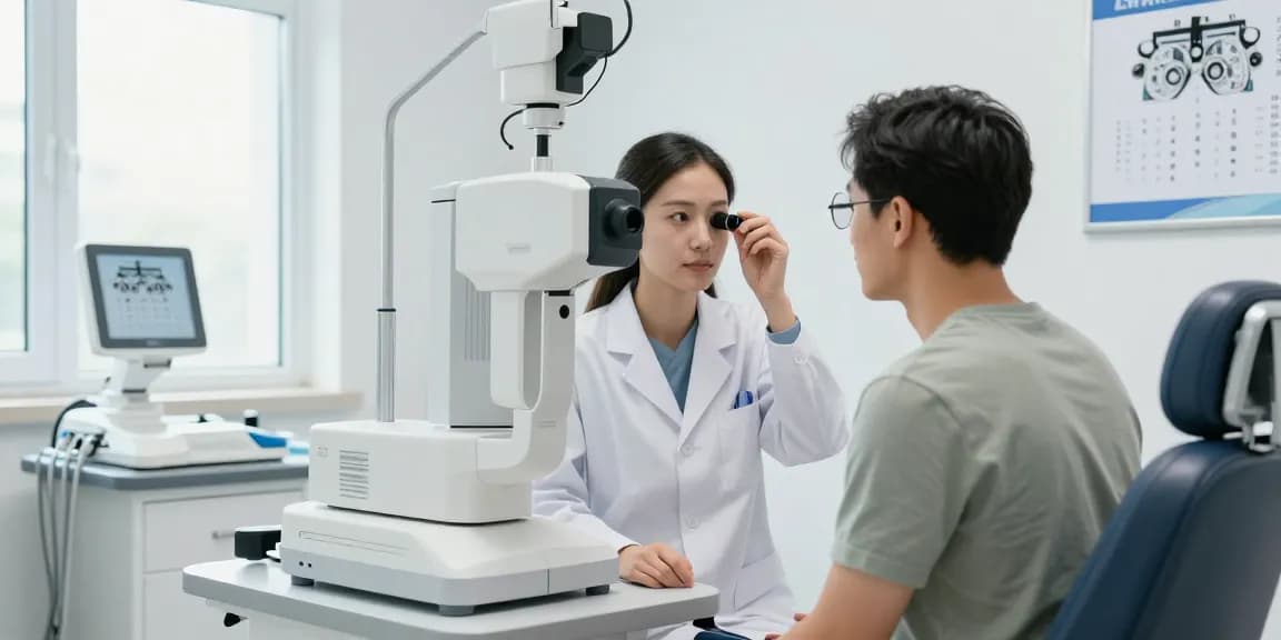 Patient discussing SMILE laser vision correction with an ophthalmologist in a modern eye clinic.