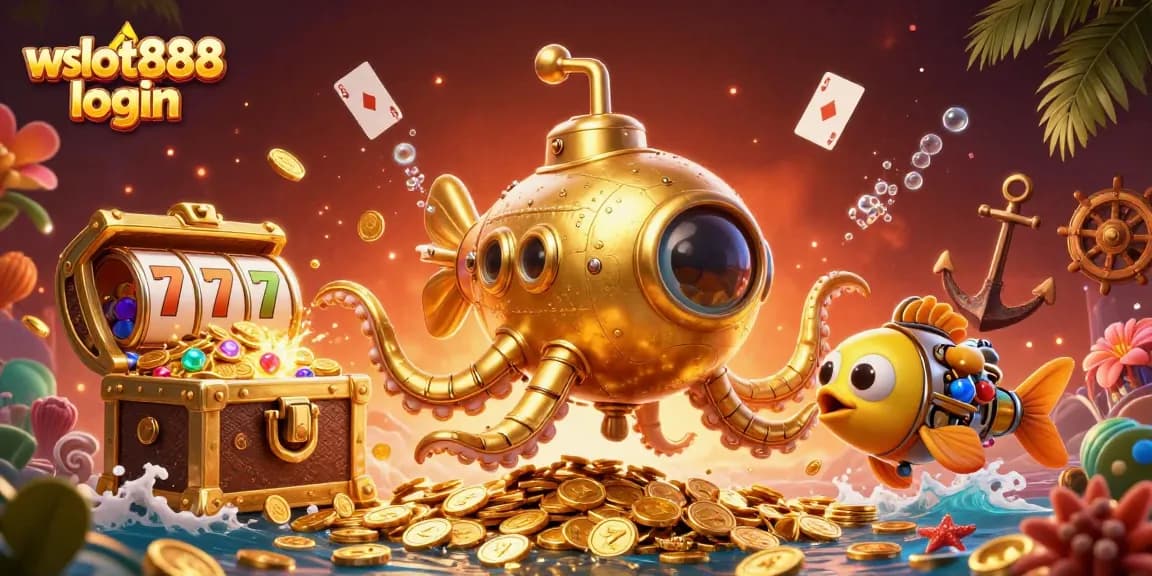 Login wslot888 untuk berinteraksi dengan karakter 3D kraken dan mesin slot dalam ilustrasi kasino bawah laut.