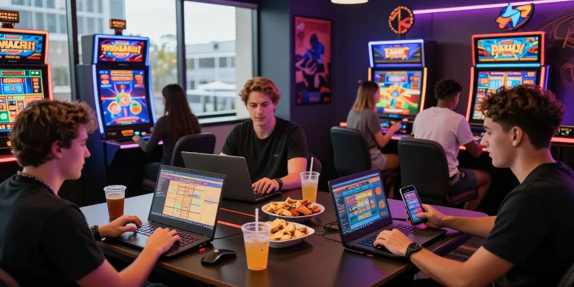 Exciting online casinos Australia gaming scene with friends enjoying diverse games on laptops and mobile devices.