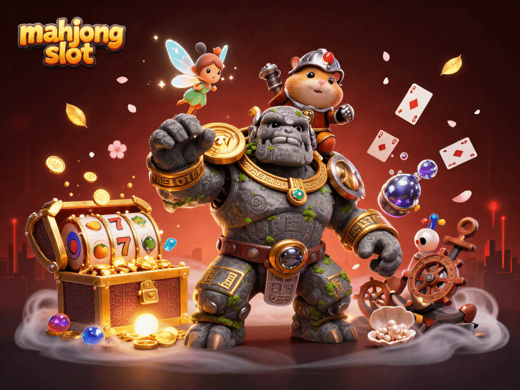 Spin the mahjong slot with golem and fairy, featuring vibrant mystical treasures and animated action.