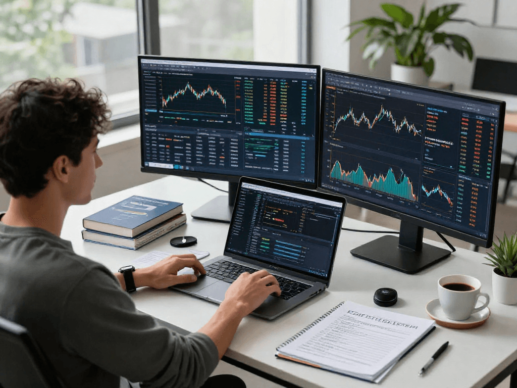 Dynamic workspace featuring Dow Jones index API metrics, financial analysis setup, and a developer's focus.