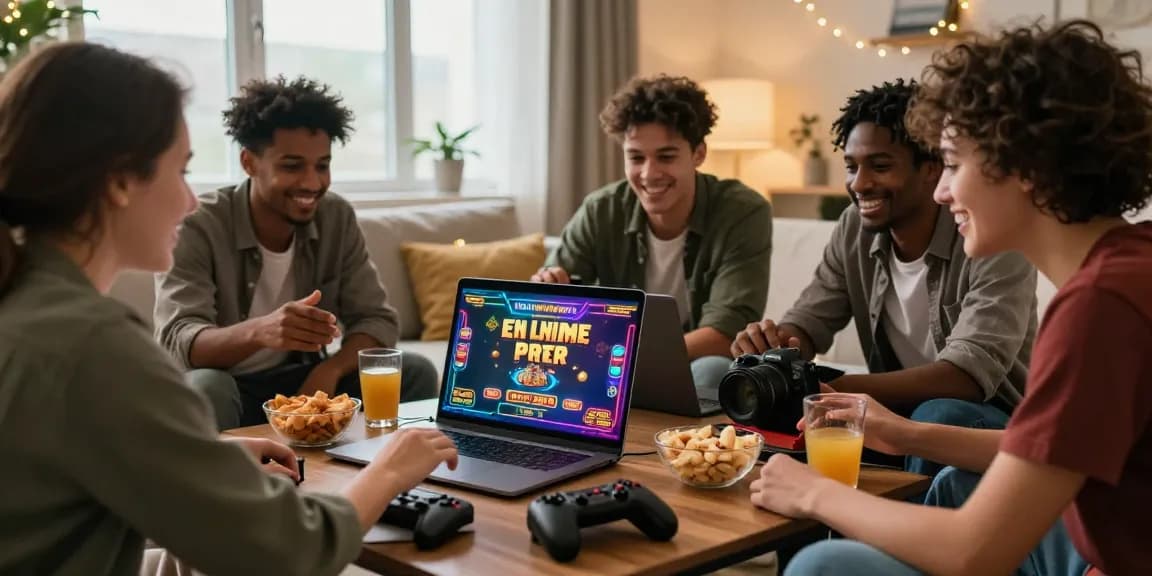 Des amis profitant d'une séance de jeu animée au casino en ligne à la maison, entourés de collations et de boissons.