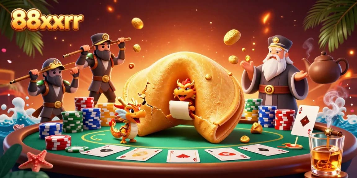 Engage with the 88xxrr casino scene featuring a wise dragon and golden fortune cookie for thrilling gameplay.
