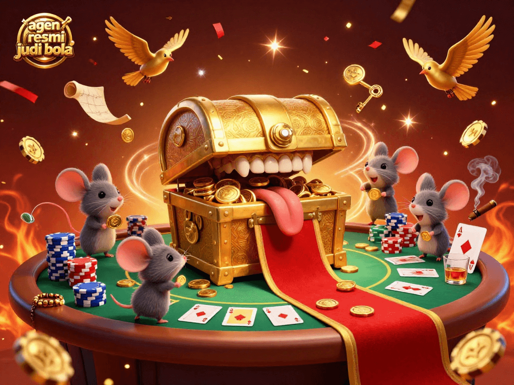 Join the excitement of agen resmi judi bola with a lively casino scene filled with colorful poker elements.