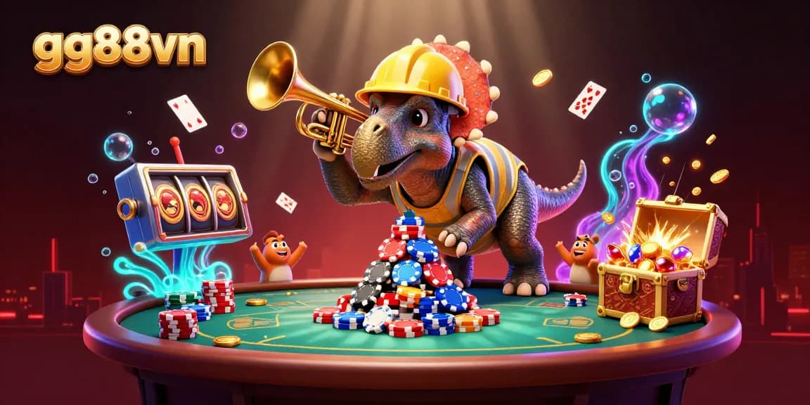 Engage with gg88vn's thrilling poker night featuring a festive triceratops and game elements.