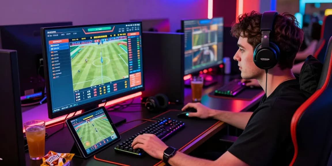 Engaged player enjoying newbet4d on a sleek desktop setup with live sports statistics.