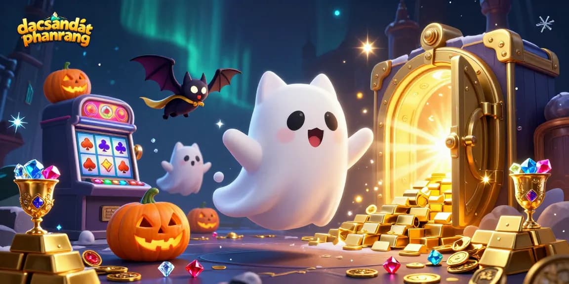 Win big at dacsandatphanrang with a haunted casino scene featuring playful ghostly characters and treasure elements.