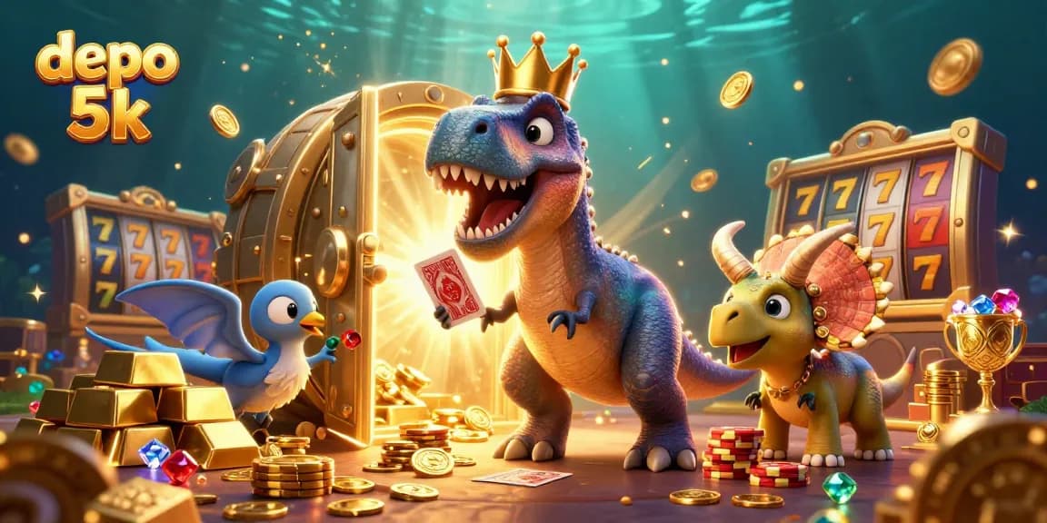 Spin to win at depo 5k with the friendly T-Rex and vibrant casino elements.