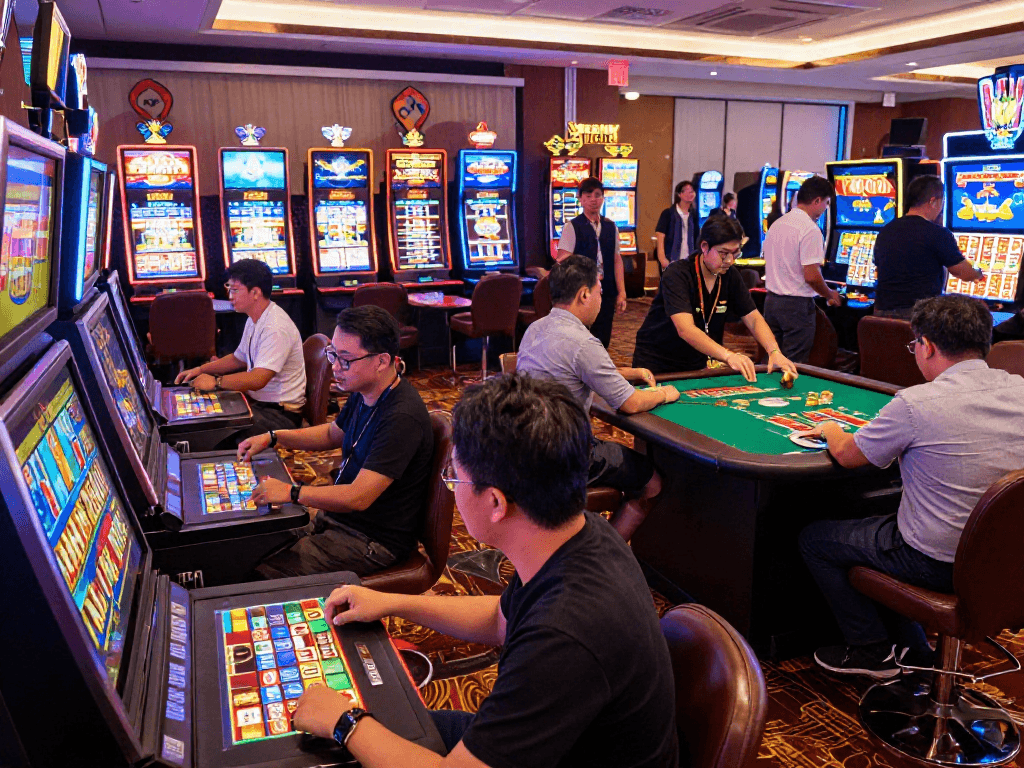 Exciting gaming atmosphere showcasing pasaran togel with players enjoying slot games and live casino action.