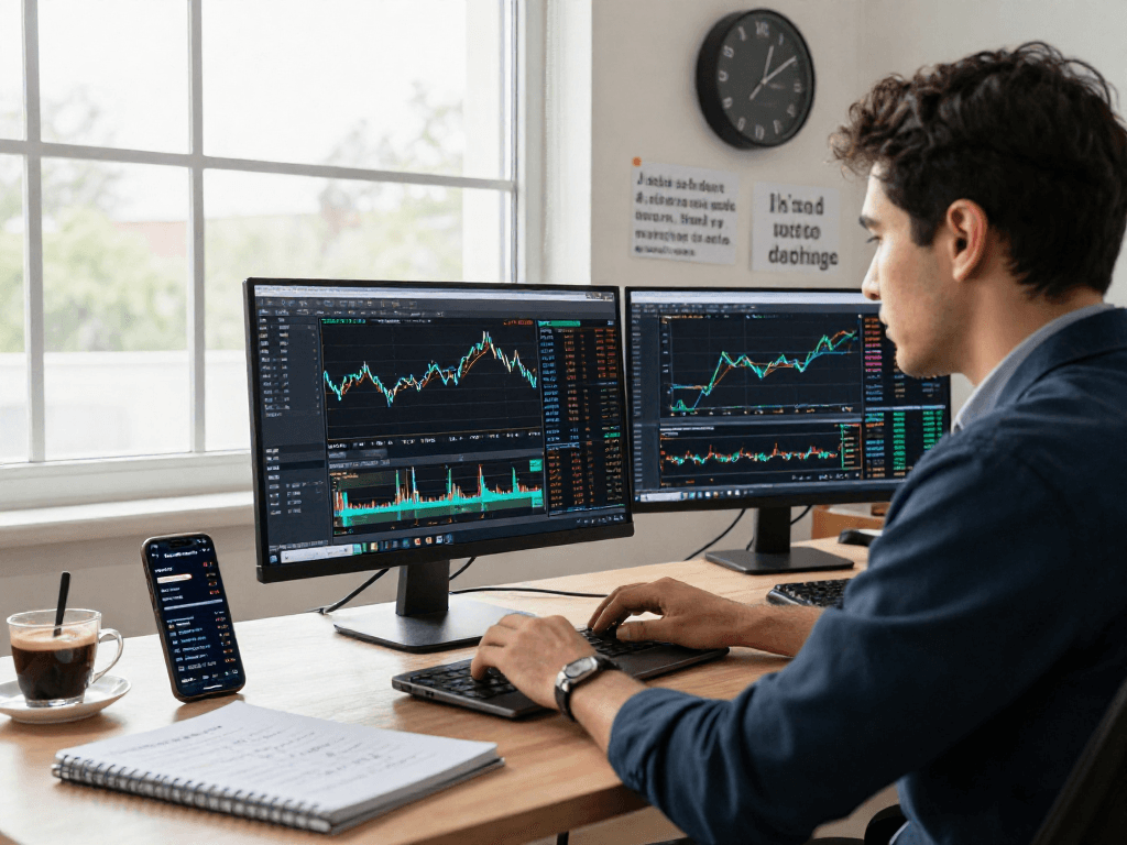 Trader using MetaTrader 5 software in a bright workspace with multiple charts and trading tools.