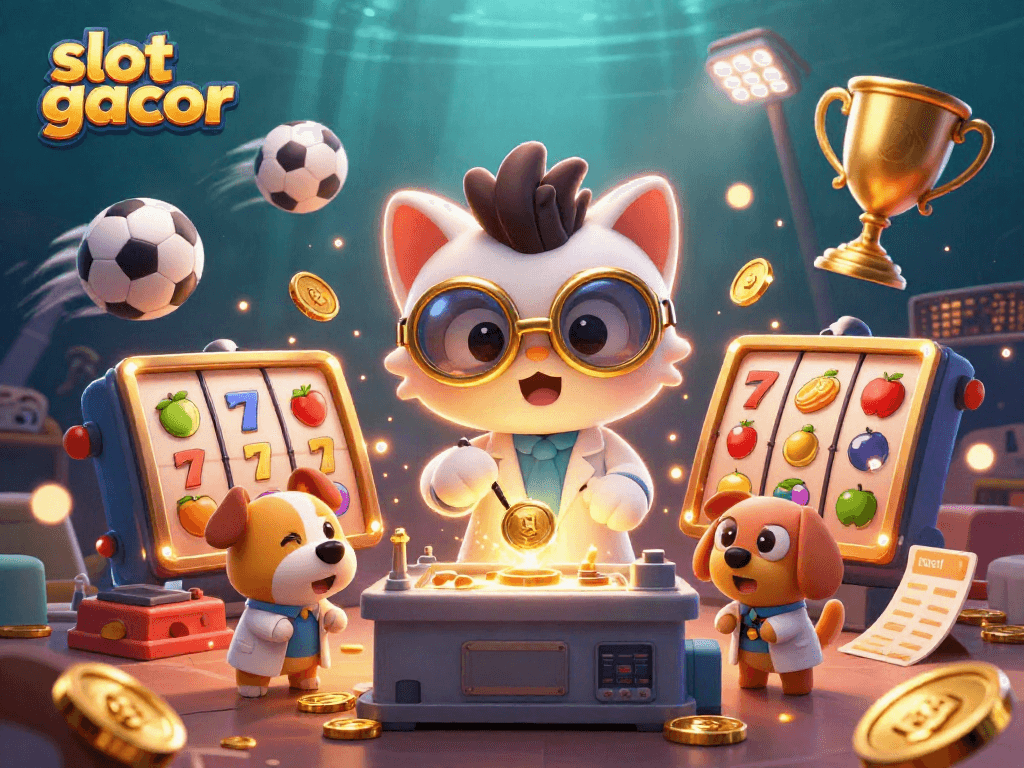 Engage in exciting slot gacor gameplay with a dynamic scene featuring a mad scientist cat and lab assistant dog.
