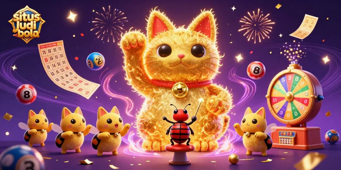 Engage in situs judi bola with a vibrant 3D scene depicting a lucky cat and dynamic casino elements.