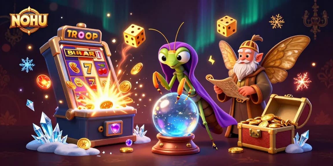NOHU Casino scene illustrating a praying mantis fortune teller, slot machine, and dazzling casino elements.