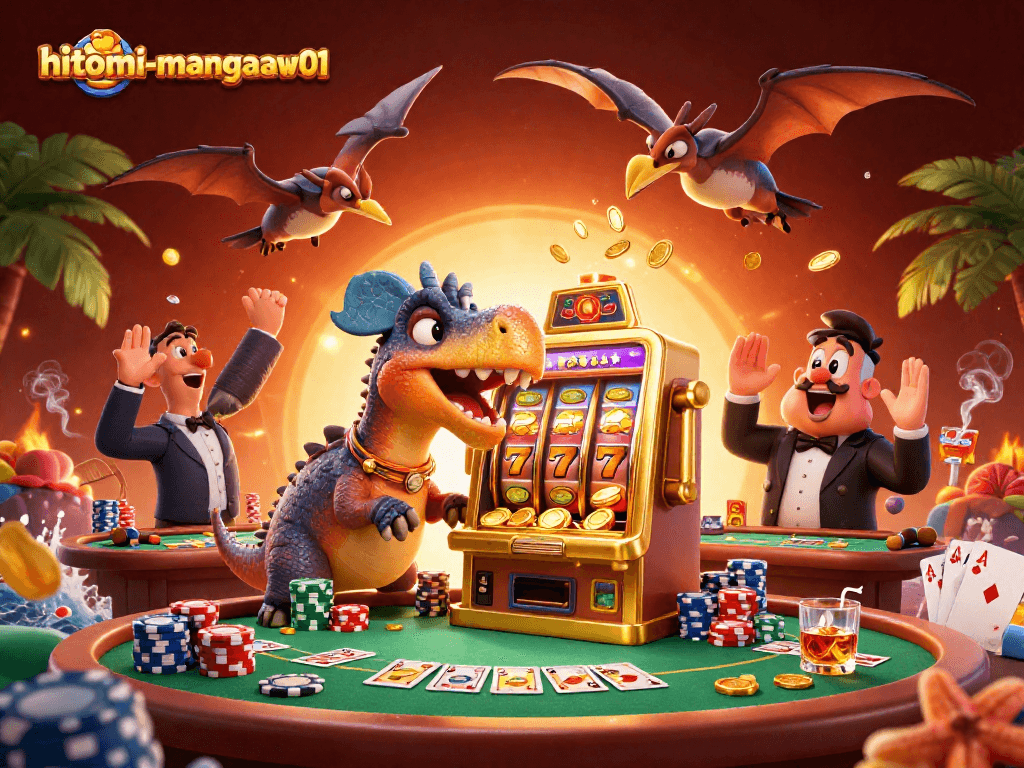 hitomi-mangaraw01 showcases a dynamic scene of a dinosaur interacting with casino elements, emphasizing the gaming excitement.