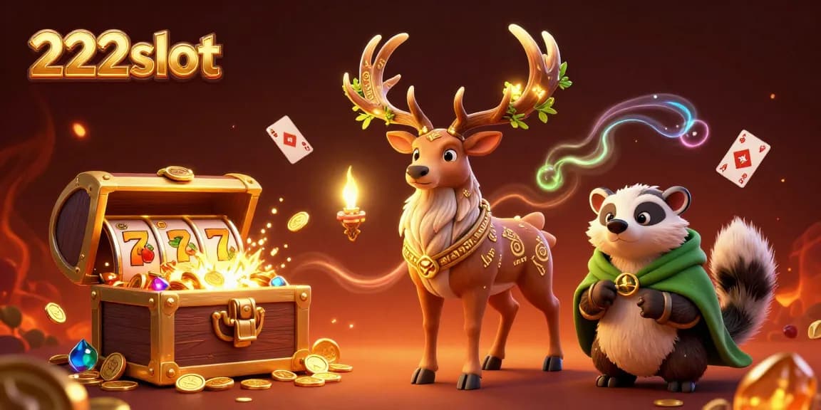 Gali keberuntungan di 222slot dengan simbol slot berbuah yang bersinar dan karakter fantastis di latar belakang yang memukau.