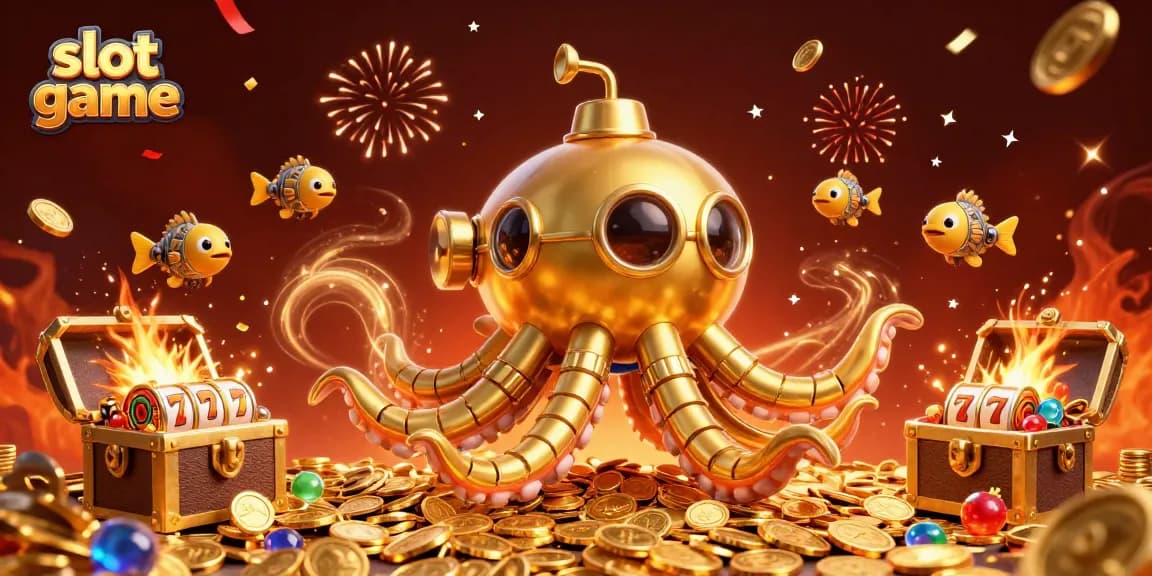 Engage in the slot game action with a golden kraken submarine amidst treasures, colorful gems, and festive elements.