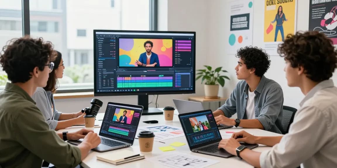 Creative team collaborating in a modern video analysis studio, focusing on video to prompt generation.