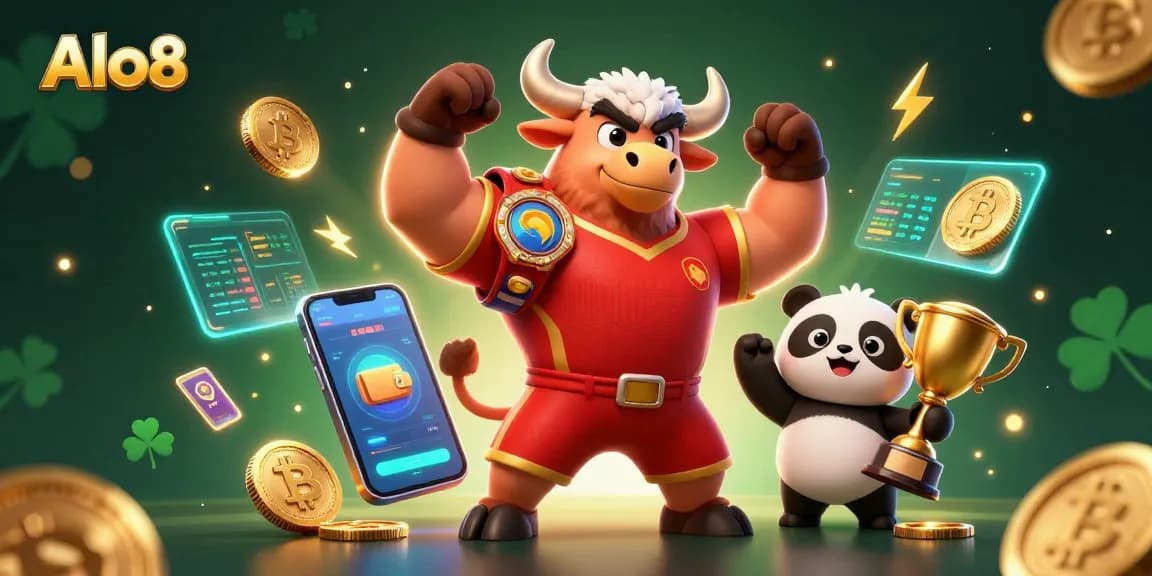 Alo8 engages players with a victorious mascot, trophies, and vibrant crypto elements in a dynamic casino scene.