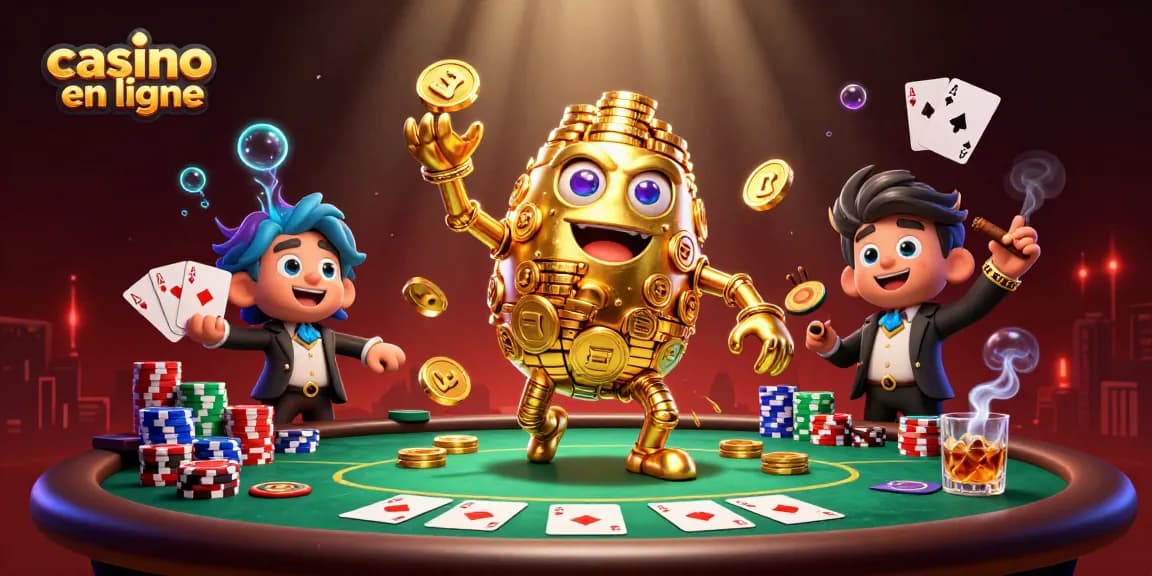 Jouez à des jeux de casino en ligne avec un golem en or et des éléments de poker colorés.