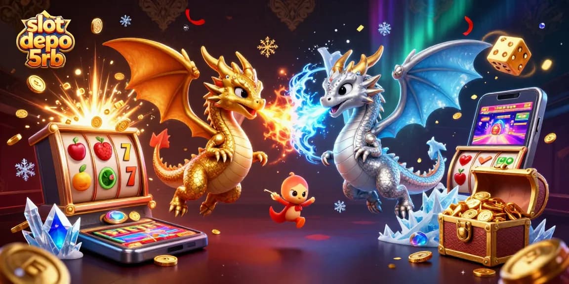 Spin to win with slot depo 5rb as 3D gold and silver dragons clash amidst casino elements.