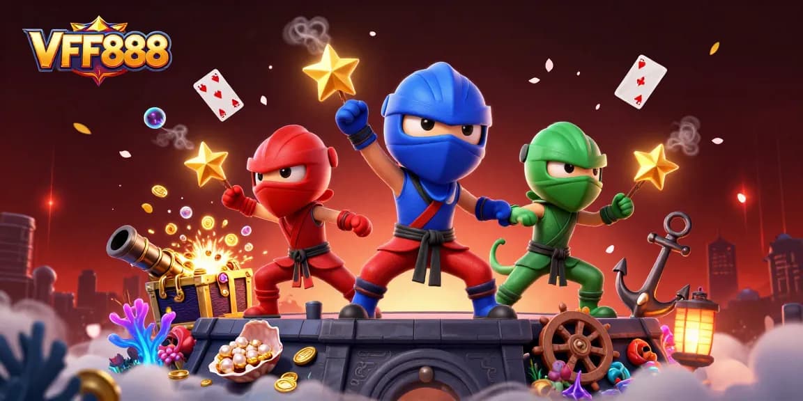 Engage in thrilling gaming adventures with VFF888 as chameleon ninjas launch golden coins and vibrant cards!