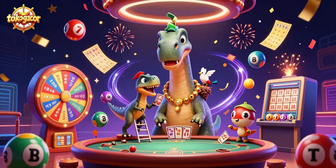 Permainan slot menarik bersama tokogacor, khas dengan dinosaurus raksasa dan bola lotere berwarna-warni.