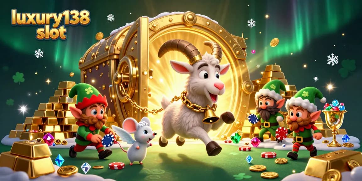 Engage with the luxury138 slot in a vibrant holiday-themed casino chase with animated characters.