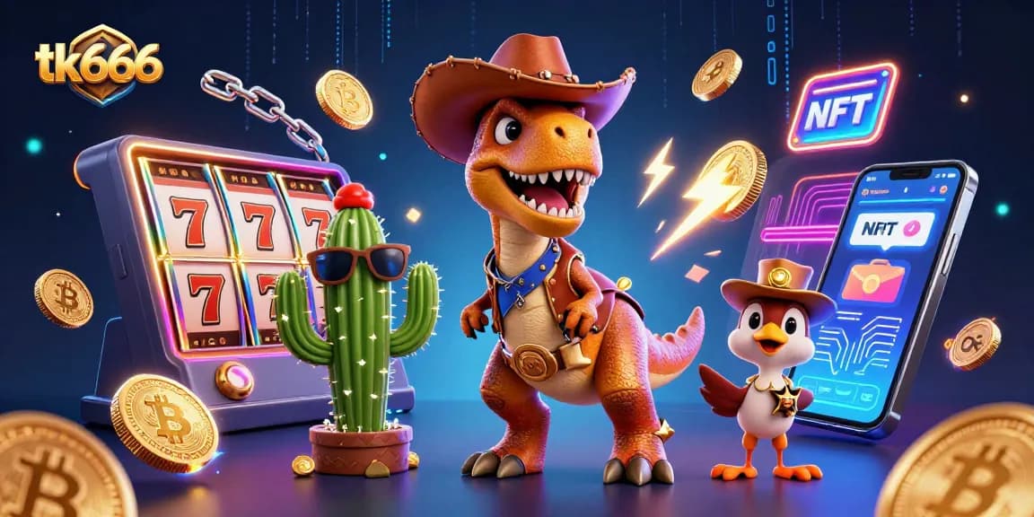 Engage with dynamic gaming action featuring tk666 slots, a T-Rex cowboy, and vibrant neon elements.