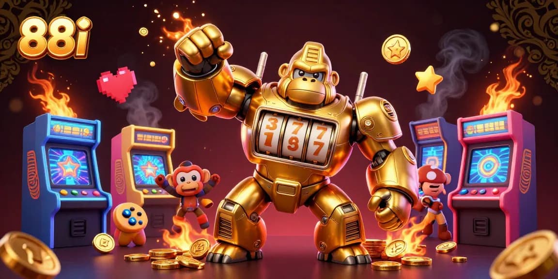 88i showcases a dynamic 3D scene with a golden gorilla mech and vibrant game elements for immersive play.