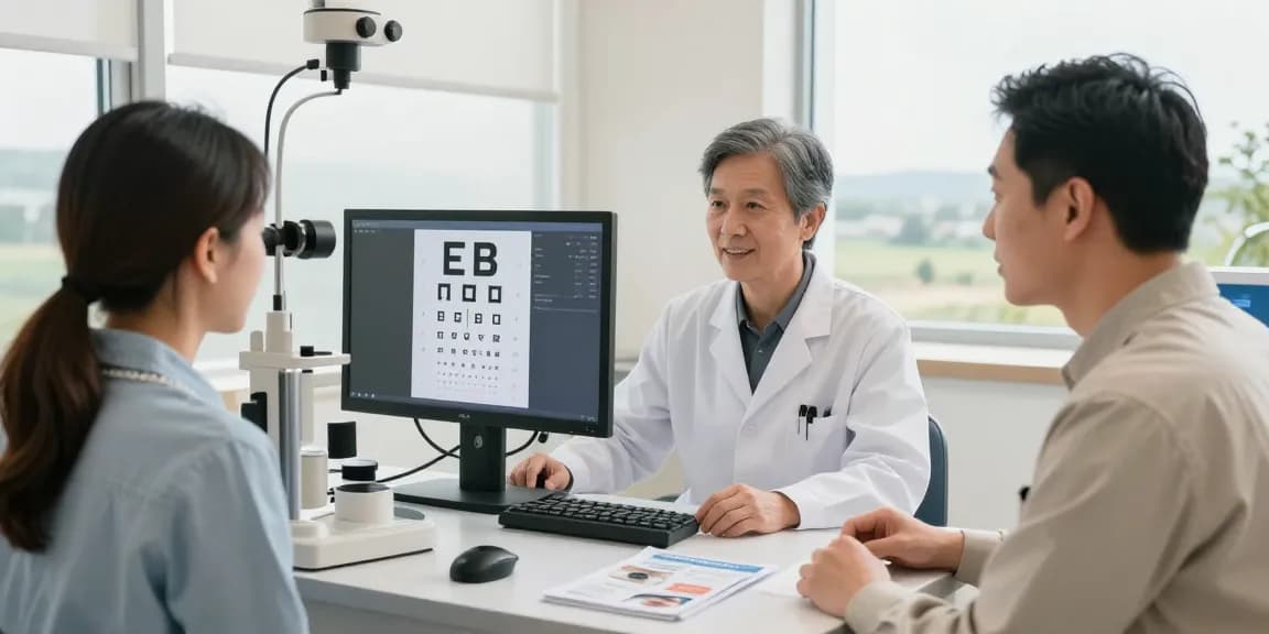 SNU Eye Clinic: Compassionate ophthalmologist discussing advanced eye care with a patient in a bright examination room.