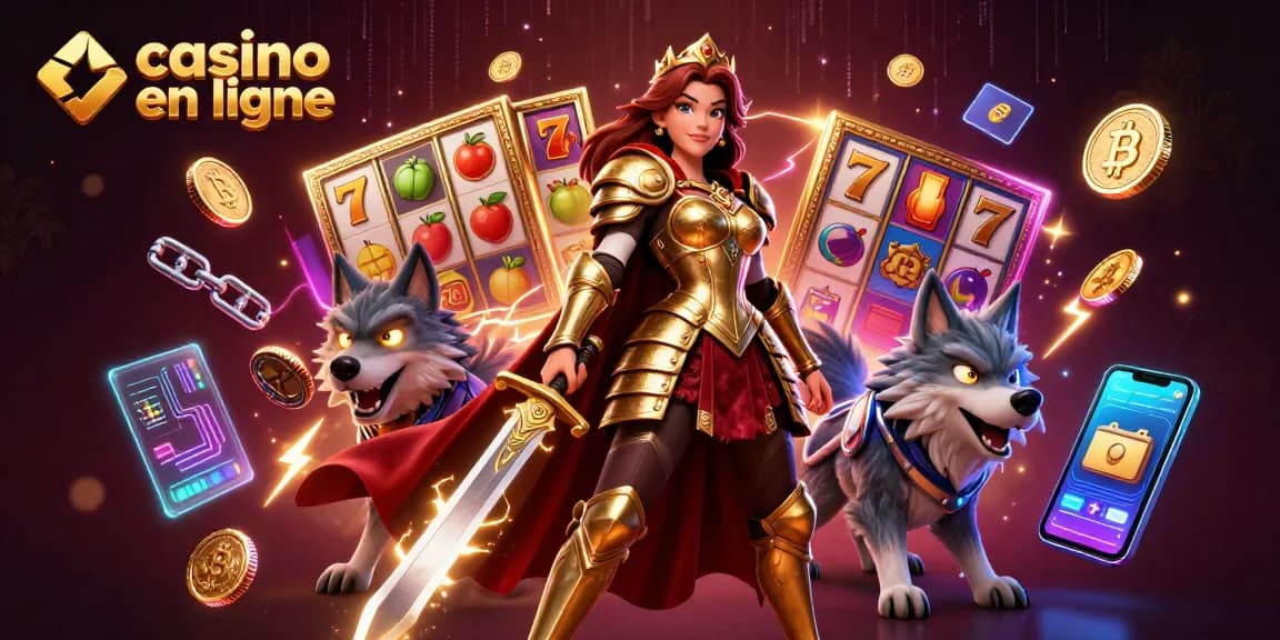 Participez à des jeux de casino en ligne passionnants avec notre reine guerrière et son compagnon loup, mettant en avant des éléments de jackpot riches.