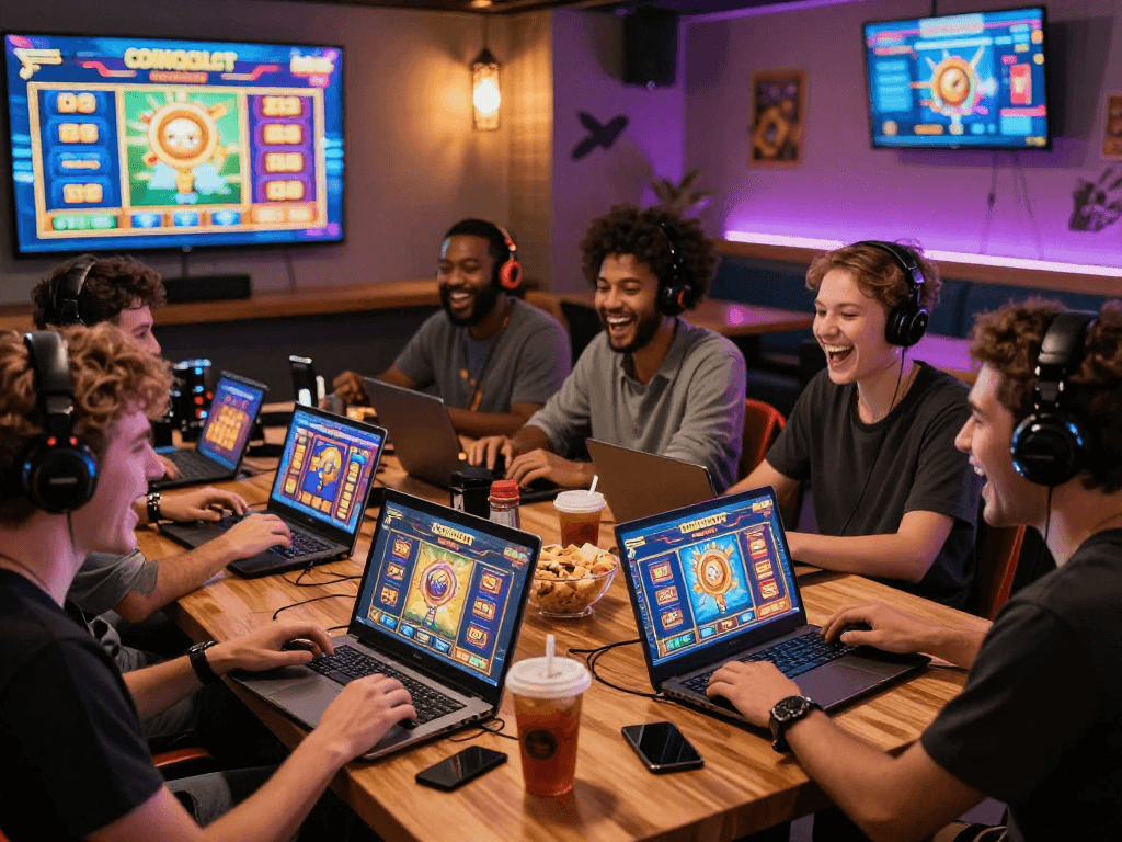 A lively gaming café scene featuring players enjoying agen gacor slot games, illustrating community and excitement in online gambling.