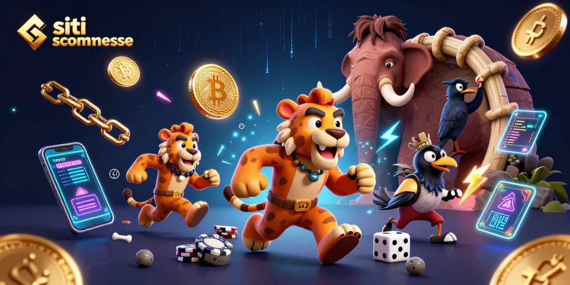 Scopri i migliori siti scommesse con un'illustrazione ricca di dettagli in un casinò preistorico.