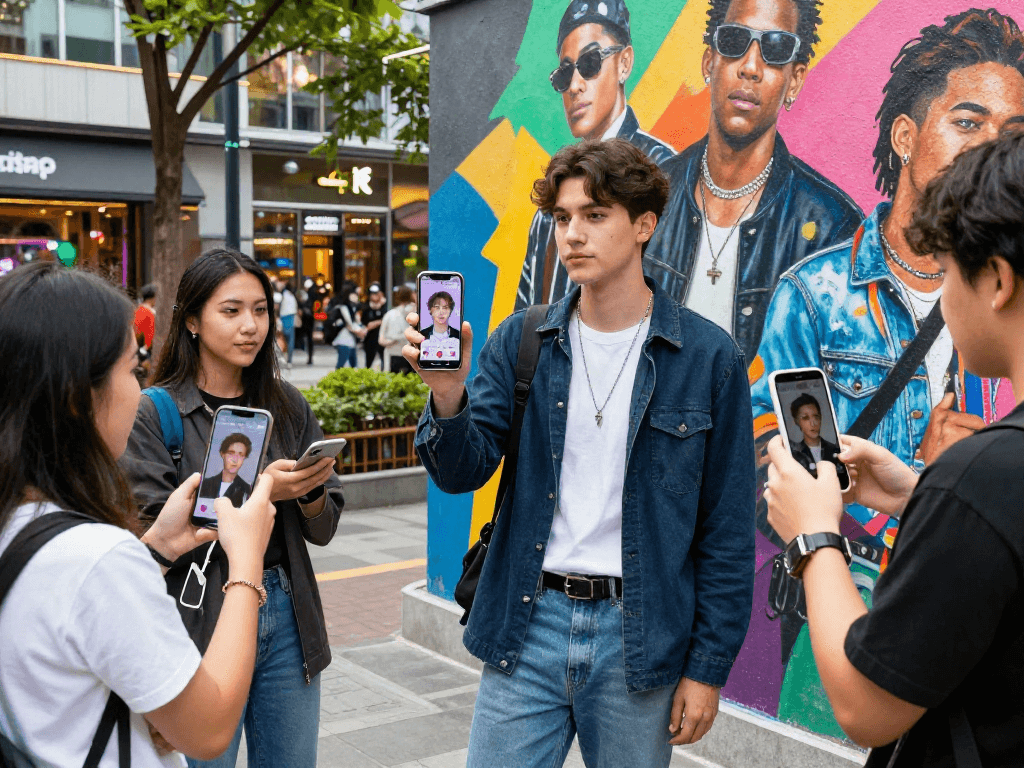 Discovering celebrity look alike matches with friends in a vibrant urban setting.