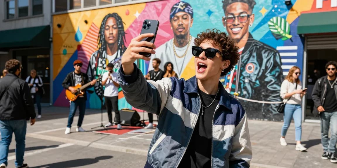 Person taking a selfie in front of a colorful mural, exploring who looks like a celebrity.