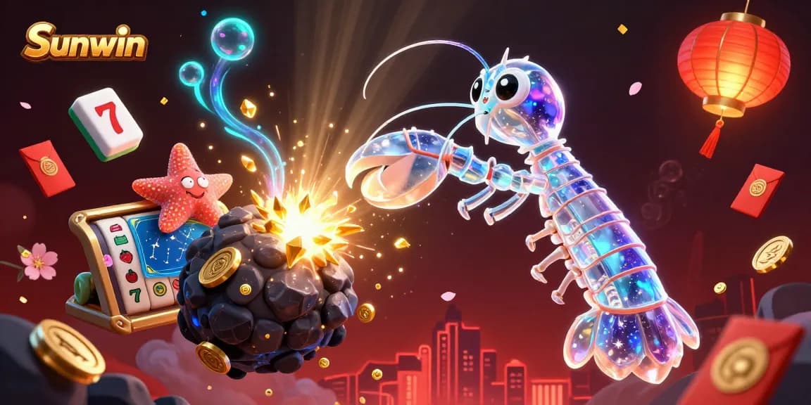 Sunwin showcases a galactic samurai mantis shrimp amid slot game elements and dazzling treasures.
