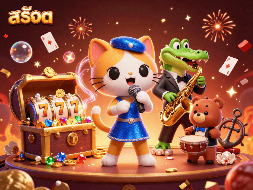 Engage with thrilling สล็อต gameplay featuring cat singer, saxophonist crocodile, and bear drummer.