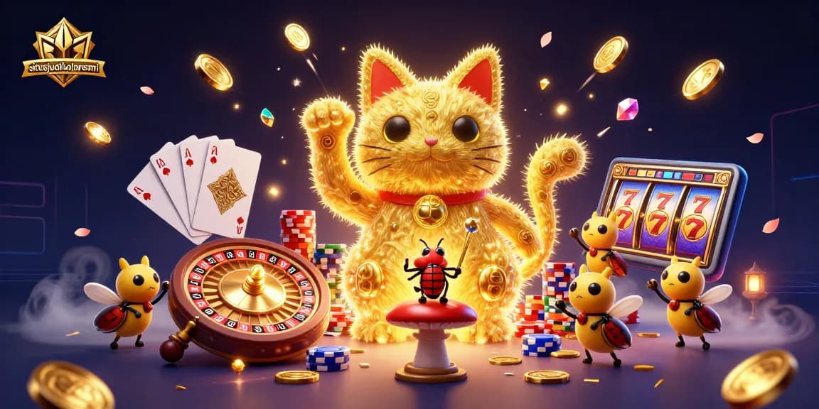 Spin to win at situsjudibolaresmi with a vibrant lucky cat made of golden fireflies among casino treasures.
