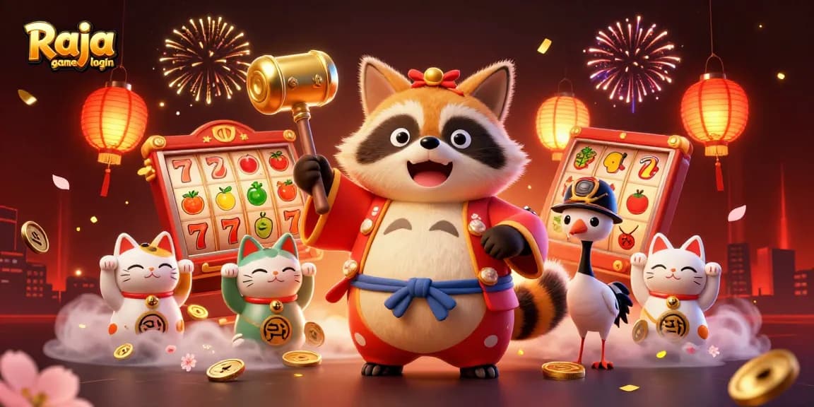 Engage with the thrilling Raja game login scene featuring a cheerful tanuki and lively elements.