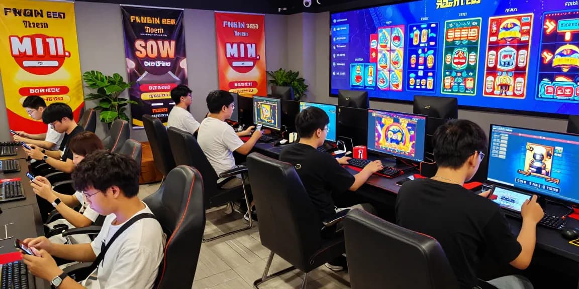 Dynamic scene of players enjoying game bài đổi thưởng with vibrant graphics and promotional elements.
