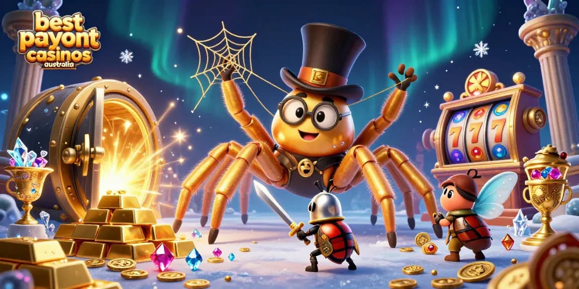A vibrant scene showcasing the best payout casinos Australia, featuring a giant golden tarantula and brave beetle knight amidst dazzling casino elements.