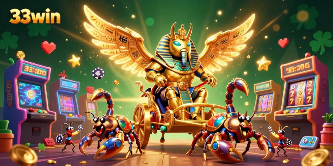 Engage with the vibrant 33win casino scene featuring 3D golden scarab beetles and jewel-encrusted scorpions amidst exciting gaming elements.