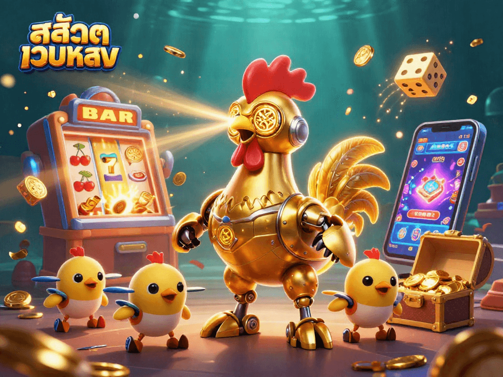 Experience the thrill of สล็อตเว็บตรง with a golden rooster robot amidst dynamic casino elements.