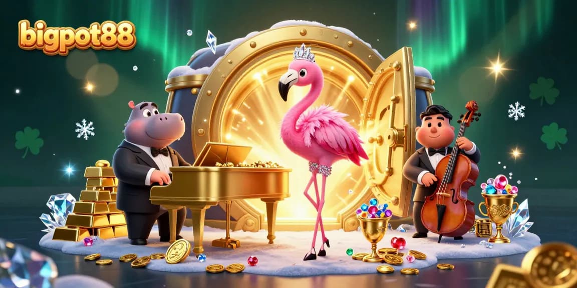 Experience bigpot88's exhilarating atmosphere with a vibrant casino scene bursting with treasures and excitement.