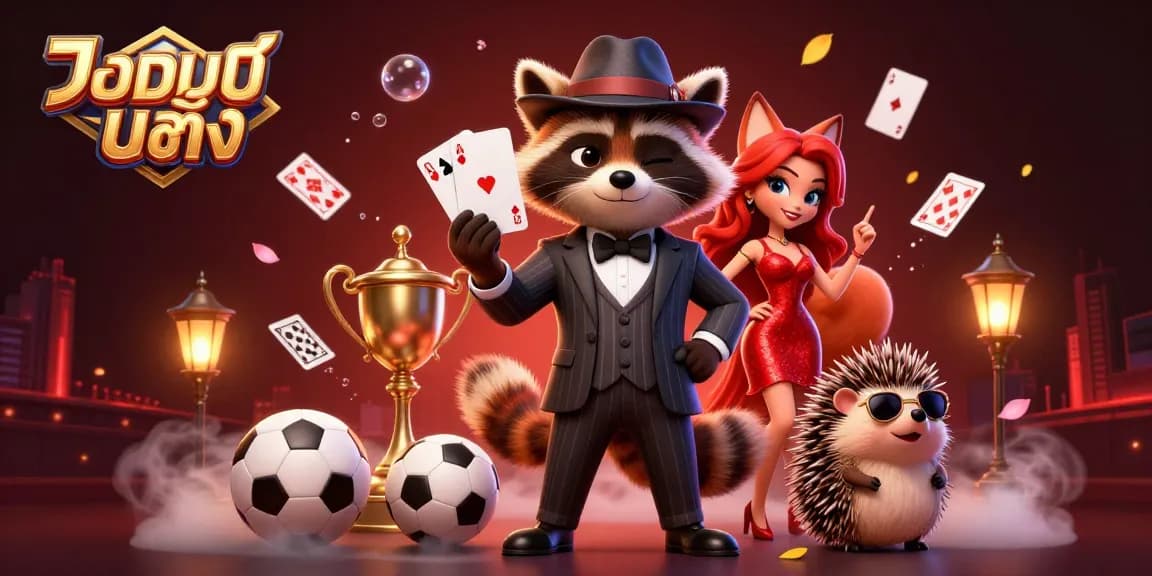 Experience แทงบอลเต็ง excitement with a charming 3D raccoon dealer, sports elements, and vibrant visuals.