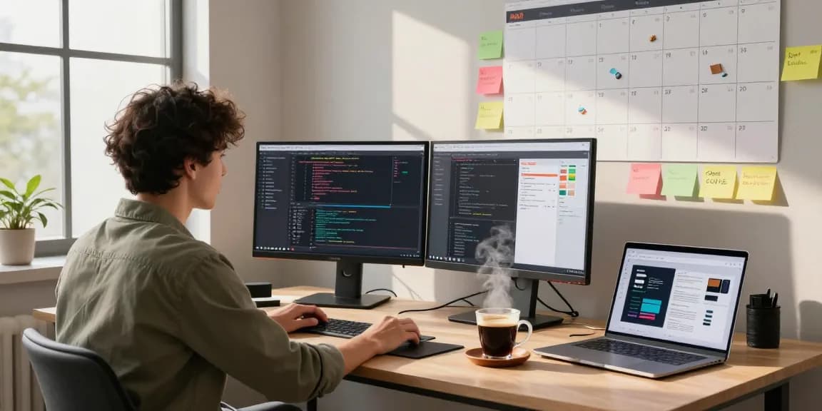 Software developer at a digital workspace, showcasing coding projects and creativity for teiegramin.com.
