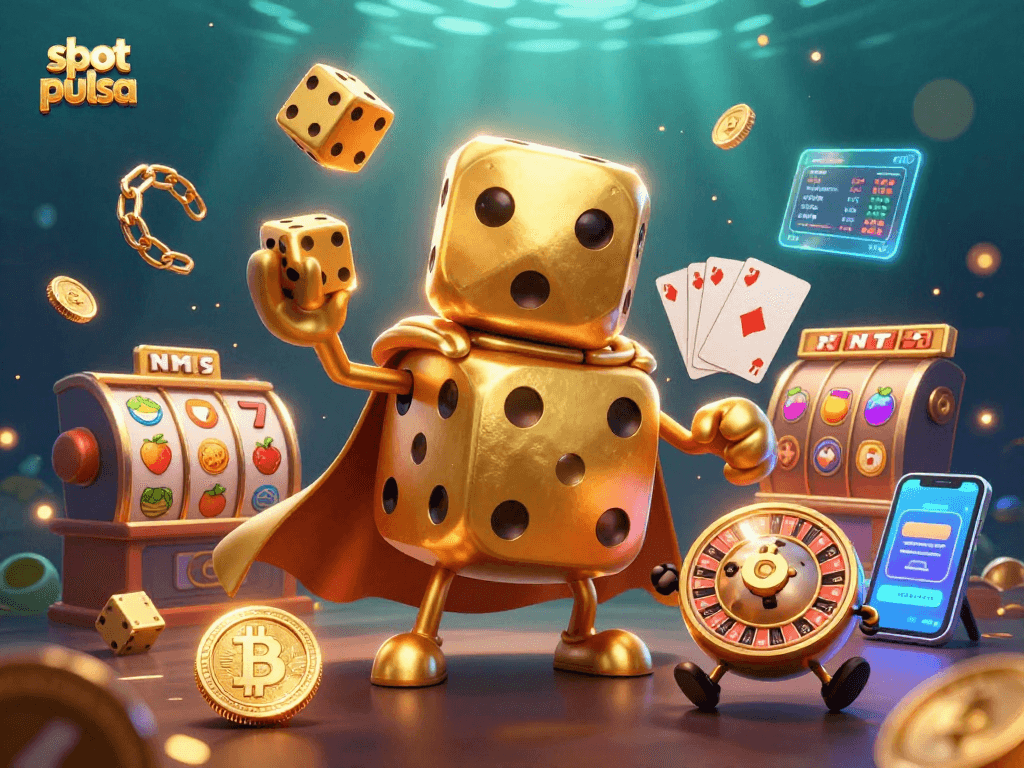 Experience the thrill of slot pulsa gaming with vibrant dice and glowing coins in a dynamic casino scene.