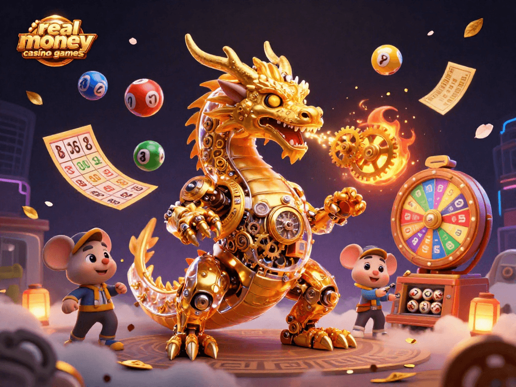 Experience exhilarating real money casino games with colorful lottery elements in this vibrant 3D illustration