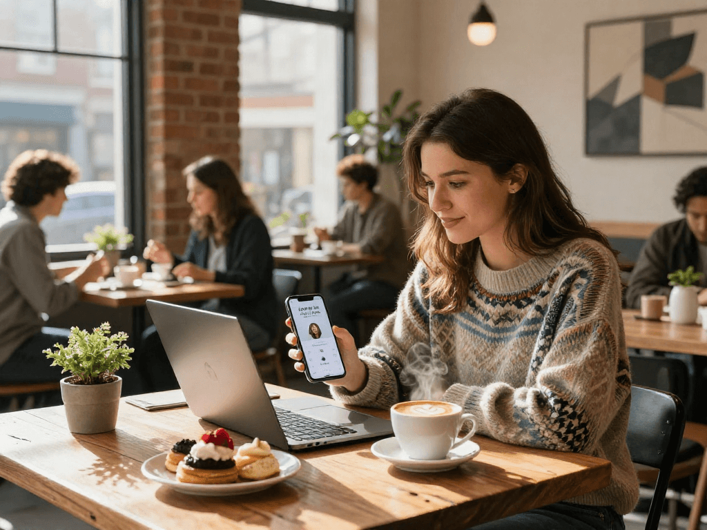 Woman using a smartphone app to see how old do I look in a cozy café.