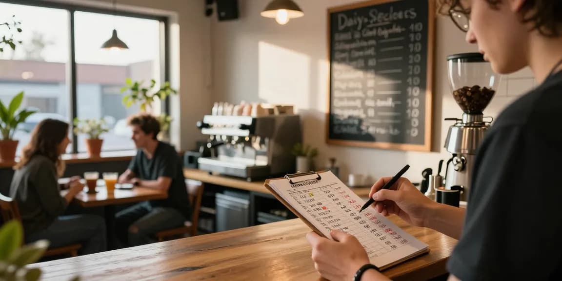 Barista menganalisis nomor rejeki dari struk pembelian di kafe dengan suasana hangat.